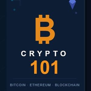 Könnte beinhalten: Ein dunkelblaues Buchcover mit orangefarbenen Akzenten und Text. Es zeigt ein großes oranges Bitcoin-Symbol, das Wort "CRYPTO" in Weiß und die Zahl "101" in Orange. Der Text "BEGINNER'S GUIDE" steht unten.