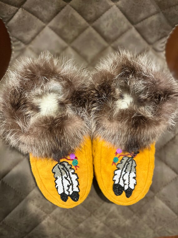 Handmade Moccasins With Real Racoon Fur Trim Unisex Hand Made in