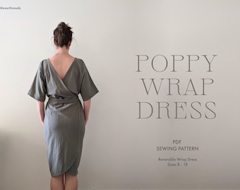 Patron de couture numérique pour robe portefeuille réversible | modèle pdf de robe midi pour débutants | Robe kimono | Taille 8 - 18 | Lettre US, A4, A0