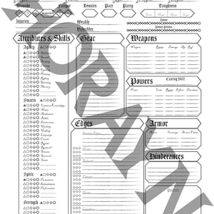 Gothic Lite Character Sheet for Savage Worlds