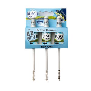 May include: A set of three white fishing bobbers with a blue and white Busch Light beer can design. The bobbers are attached to a cardboard backing with the text "Bottle Gone..." and "Fish On!"