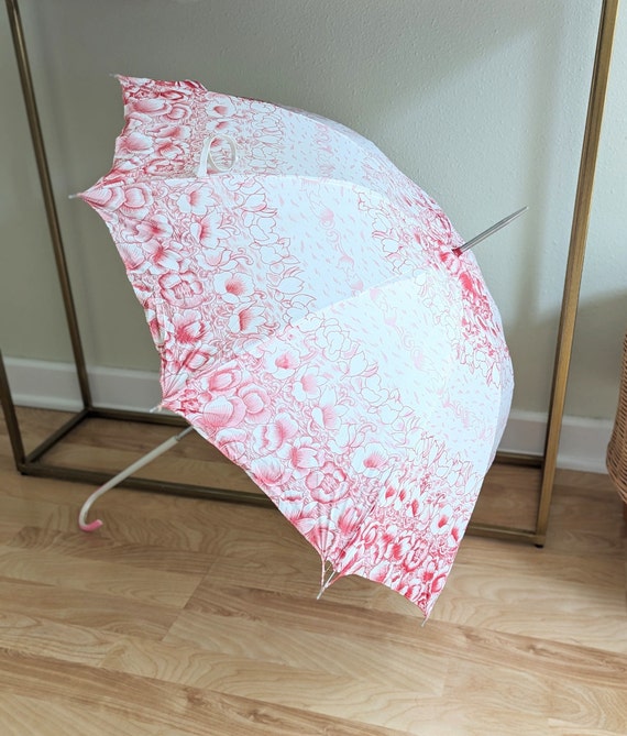 Retro 1960s Pink Floral Plastic Umbrella - image 1