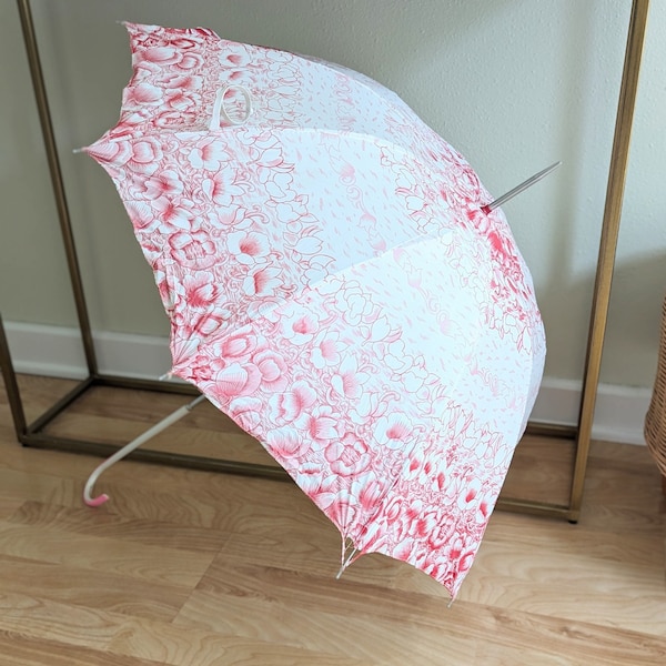 Retro 1960s Pink Floral Plastic Umbrella