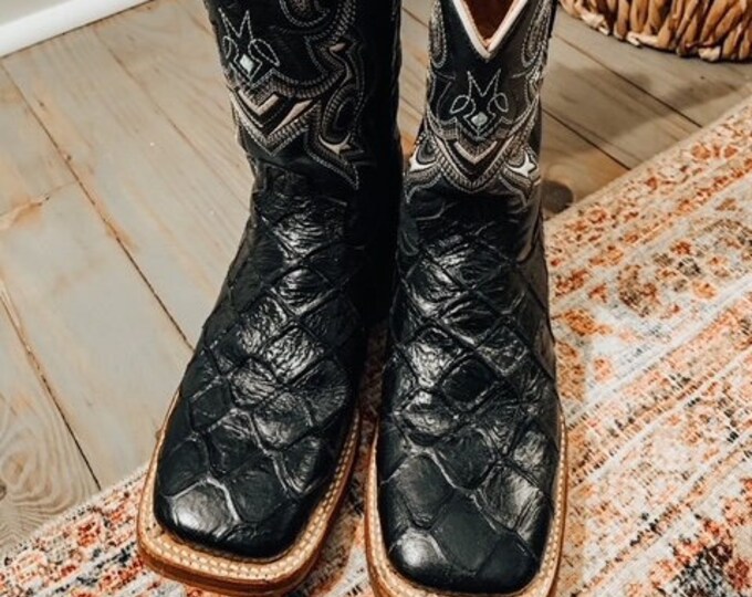 Black Pirarucu Cowboy Boots Fish Scale Boots, Square Toe Cowboy Boots