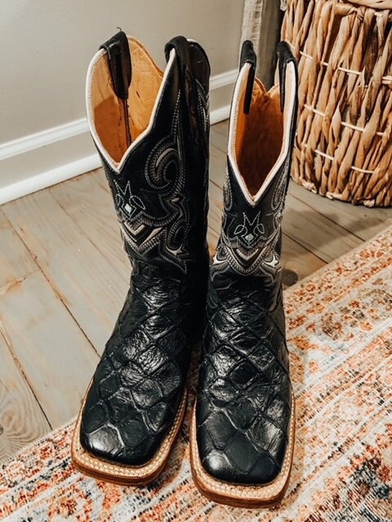 Black Pirarucu Cowboy Boots Fish Scale Boots Square Toe Etsy