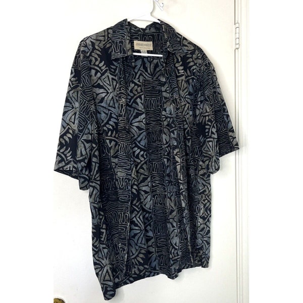 JOHARI WEST Black & White Batik Hawaiian Shirt Men's XLT Cotton Short Sleeve