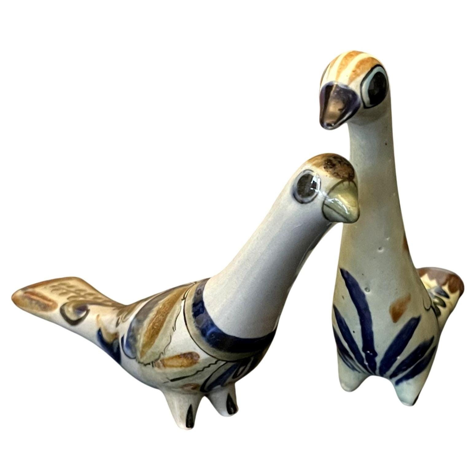 Vintage Tonala Pottery Pair Peacocks Handmade Signed Mexican Folk Art