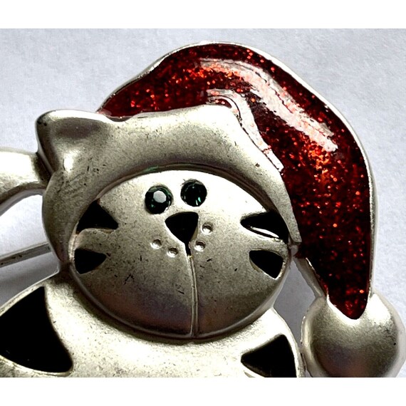 Christmas Cat In Santa Hat Dangling Legs Silver R… - image 2