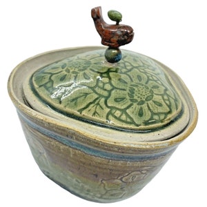Glazed Green Floral Heart Signed Studio Pottery OOAK