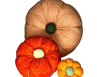 Three Handmade Orange Fabric Plush Pumpkins For Fall Halloween