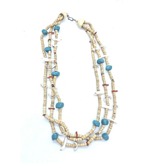 Vintage Three Strand Shell & Mixed Stone Necklace… - image 2