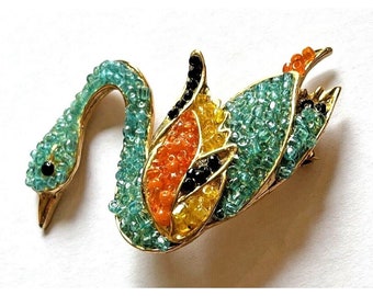 Beaded Swan Multicolored Brooch Pin Vintage