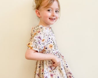 Handmade dress, party dress, floral dress, short sleeves, linen dress, girls clothes, kids handmade clothing, Australian seller