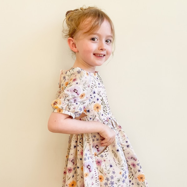 Handmade dress, party dress, floral dress, short sleeves, linen dress, girls clothes, kids handmade clothing, Australian seller