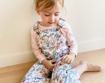 Handmade overalls, overalls, floral, floral overalls, drill cotton overalls, girls clothes, kids handmade clothing, Australian seller