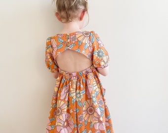 Handmade dress, party dress, floral dress, short sleeves, linen dress, girls clothes, kids handmade clothing, Australian seller