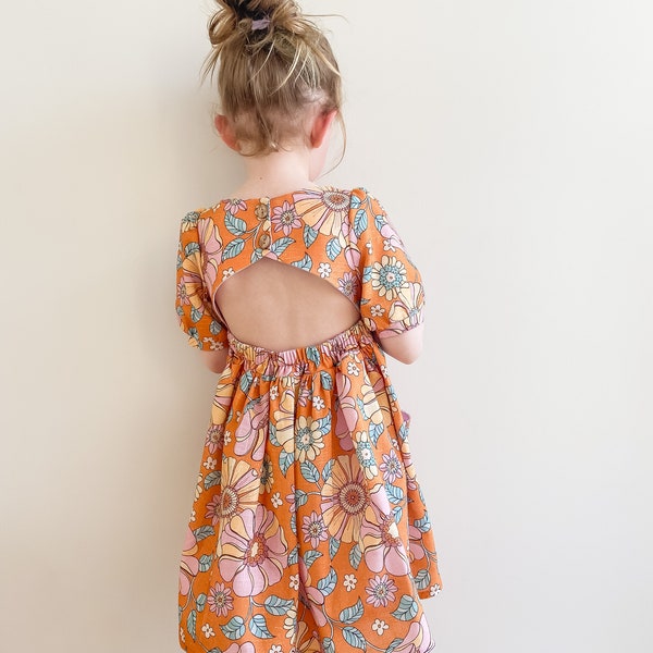 Handmade dress, party dress, floral dress, short sleeves, linen dress, girls clothes, kids handmade clothing, Australian seller