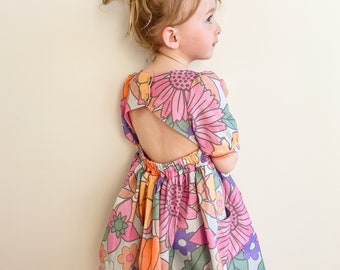 Handmade dress, party dress, floral dress, short sleeves, linen dress, girls clothes, kids handmade clothing, Australian seller