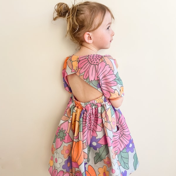 Handmade dress, party dress, floral dress, short sleeves, linen dress, girls clothes, kids handmade clothing, Australian seller