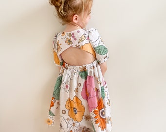 Handmade dress, party dress, floral dress, short sleeves, linen dress, girls clothes, kids handmade clothing, Australian seller