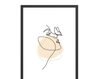 Woman Line Art Print, Female Line Draw, Bedroom Wall Art, Minimalist Wall Decor, Line Draw Wall Art, Abstract Face Line Art Print, Butterfly