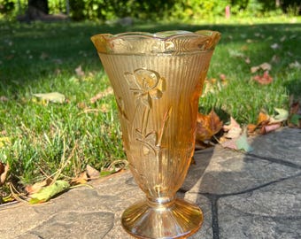 Vintage Carnival Glass Iris and Herringbone Floral Orange Gold 9” Flower Vase by Jeanette Glass Company