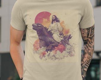面白いグラフィックTシャツ、ゴジラに乗るイエスのシャツ、ユニークなギフトアイデア