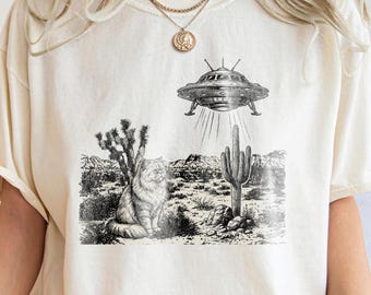 おもしろUFO猫シャツ レトロウエスタンTシャツ ミームシャツ エイリアン猫Tシャツ 猫好きへのギフト