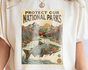 国立公園愛好家へのギフト ネイチャーTシャツ サーモン コンフォートカラーシャツ 90年代 国立公園シャツ 野生動物 自然グラフィックTシャツ