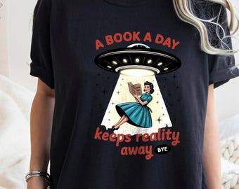 面白い読書シャツ 読書好きへのギフト 快適なカラーTシャツ SF本好きへのレトロなUFO Tシャツ 読書家へのギフト