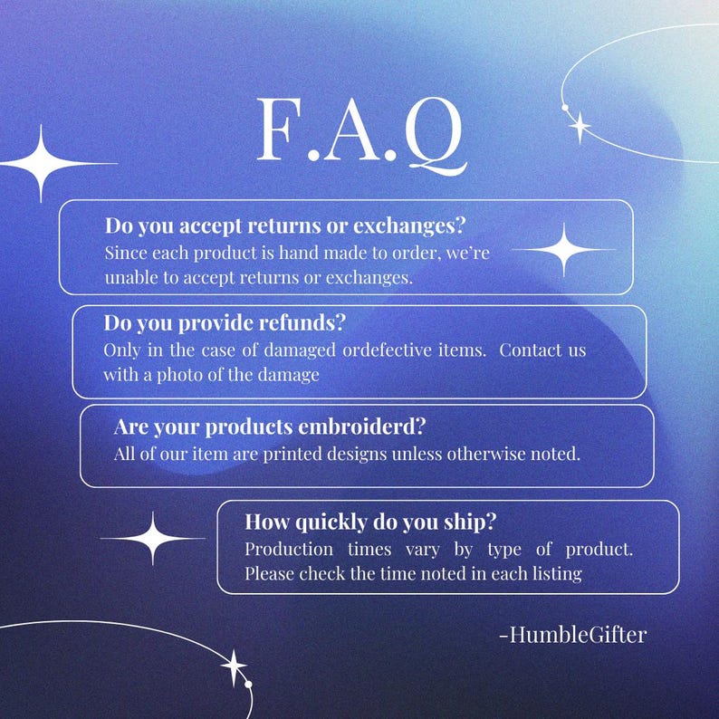 K&ouml;nnte beinhalten: Blauer und violetter Farbverlauf-Hintergrund mit wei&szlig;em Text, der &bdquo;F.A.Q.&ldquo; lautet und Antworten auf h&auml;ufige Fragen gibt. Die Fragen umfassen R&uuml;ckgabebedingungen, R&uuml;ckerstattungen, Produktstickereien und Versandzeiten. Der Text ist wei&szlig;.