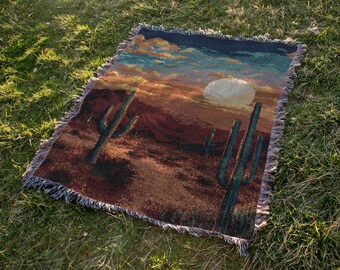 砂漠の夕日をモチーフにした織りブランケット、サボテン柄、8ビットピクセルアート、コットンスロー、南西部風ボヘミアン風、ホームデコレーション、心地よい自然ブランケット