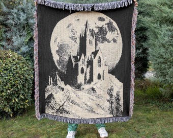 Gothic Decke Schwarz Weiß Schloss Werfen Mond Gewebte Decke Dunkel Gothic Dekor