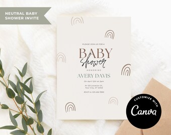 Regenbogen-Babyparty-Einladung | Regenbogen Babyparty | Neutrale Babyparty | Bearbeitbare Vorlage | In Canva | bearbeiten Sofort Download