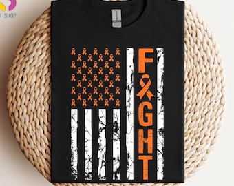 Leukemia Cancer Fight Shirt, USA Flag Shirt, Orange Cancer Ribbon Shirt, Leukemia Cancer Awareness Shirt, Cancer Warrior Tee, Cancer Gift