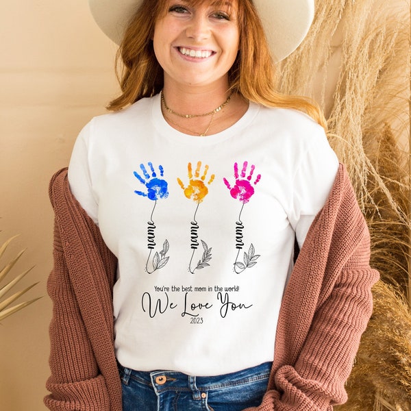 Hand Print For Mothers Day Shirt, Personalized Mom Gift, Customized Mom Shirt, Flower Hand Print Gifts, Mothers Day Handprint Gifts