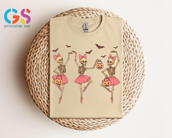Halloween Dancing Skeleton Tshirt, Halloween Pumpkin and Skull Shirt, Spooky Season Skeleton Shirt, Witchy Shirt, Halloween Girly Shirt