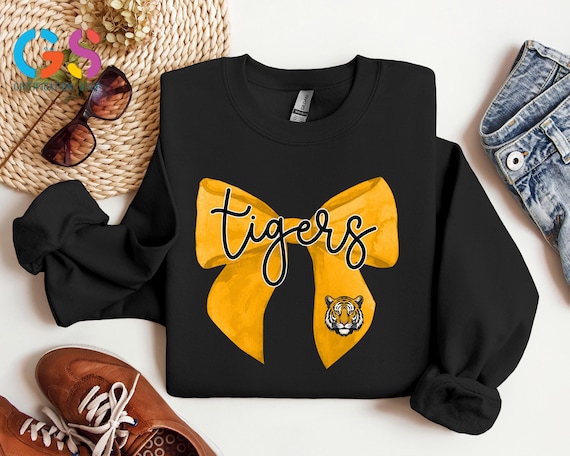 Tigers Yellow Coquette Bow Sweatshirt: Preppy Mascot Sweater, Team Supporter Hoodie