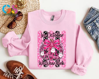 In October We Wear Pink Sweatshirt, Breast Cancer Awareness Halloween Tshirt, Pink Ribbon Ghost Pumpkin Tee