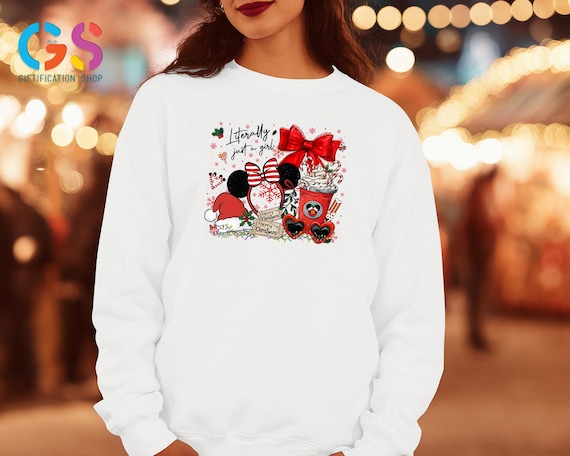 Disney Literally Just A Girl Christmas Sweatshirt, Disneyland Girls Trip Sweater, Merry And Bright Minnie Bow Coffee Top