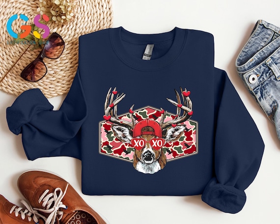 XOXO Hunting Reindeer Couple Sweatshirt, Hunter Lover Sweater, Deer Camo Valentine Hoodie, Gift For Boyfriend