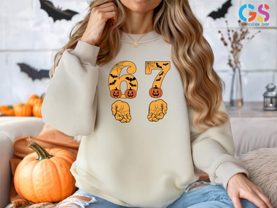Spooky 6 7 Meme Sweatshirt, Halloween Trendy Numbers, Pumpkin and Bats Meme Hoodie, Internet Joke Hallooween Sweater, Funny Halloween Gift