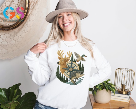 Deer Compass Duck Fish Season Sweatshirt, Faux Crochet Hunting Fall Vibes Sweater, Camping Hoodie, Wildlife Gift