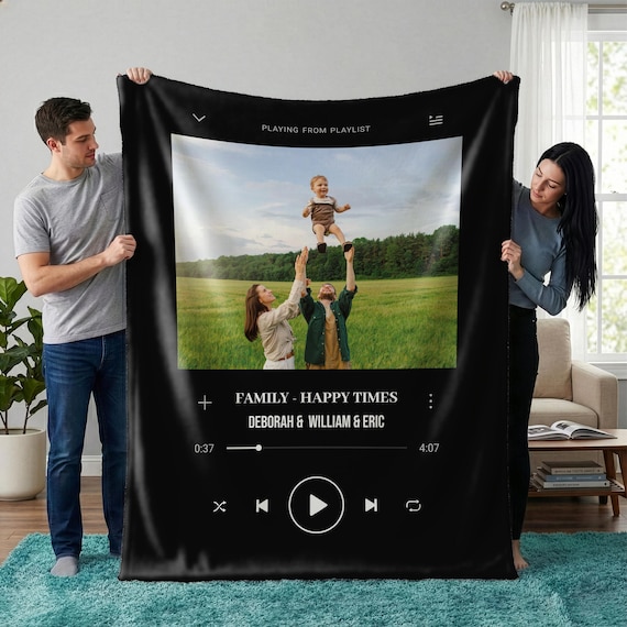 Custom Family Photo & Music Favorite Song Blanket, Personalized Your Picture Minky Throw Mom Couples Gift