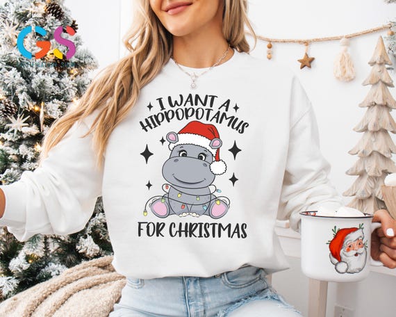 Hippo Christmas Sweatshirt, I Want A Hippopotamus For Christmas ,Christmas Lights Sweater, Xmas Animal Lover Gift