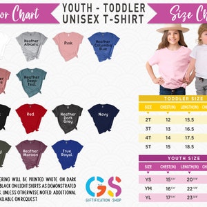 May include: Color chart for youth and toddler unisex t-shirts. The chart shows 12 different color options for the shirts, including white, pink, heather athletic, heather columbia blue, heather mauve, heather deep teal, black, red, heather dark grey, navy, military green, and heather maroon. The chart also includes a size chart for toddler and youth sizes, with measurements in inches for chest, length, and chest to fit.