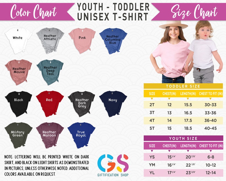 May include: Color chart for youth and toddler unisex t-shirts. The chart shows 12 different color options for the shirts, including white, pink, heather athletic, heather columbia blue, heather mauve, heather deep teal, black, red, heather dark grey, navy, military green, and heather maroon. The chart also includes a size chart for toddler and youth sizes, with measurements in inches for chest, length, and chest to fit.