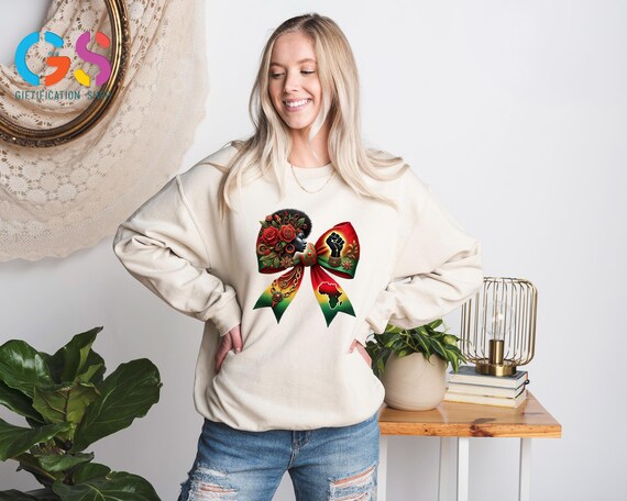 Black Woman Coquette Bow Sweatshirt, African American Black Power Sweater, Pride Magic Proud Clothing