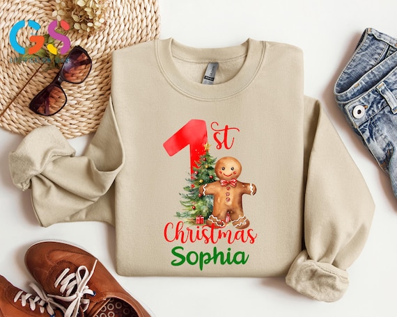 Custom Name First Christmas Sweatshirt, Gingerbread Baby's Xmas Gift, Holiday Outfit For Kid, 1st Merry Season Clothes