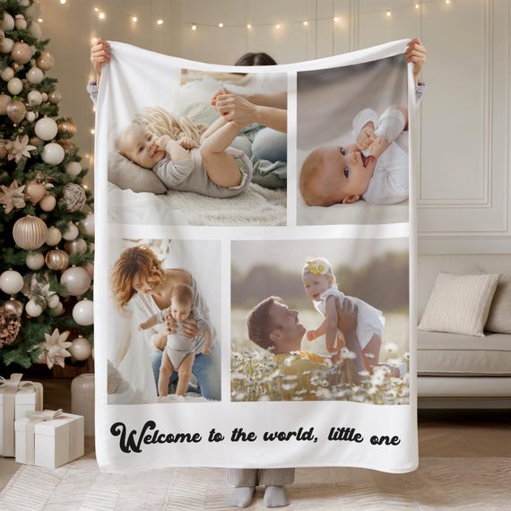 Personalized Photo Blanket Collage, Custom Picture Minky Sherpa Blanket With Text, Family Friends Gifts, New Dad Mom Present